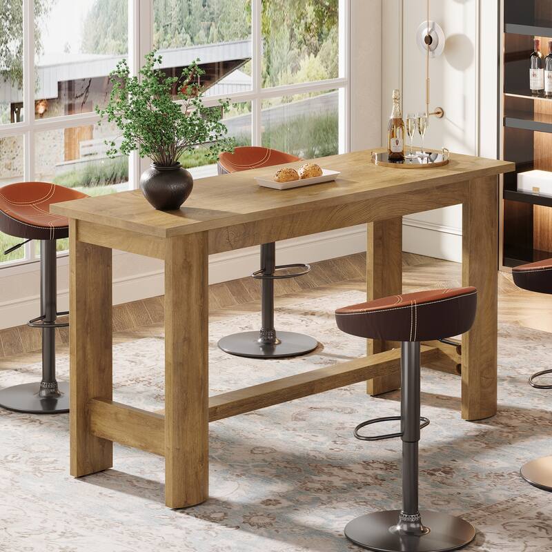 63 Inch Long Bar Table, Rectangular Counter Height Pub Dining Table with Footrest - 19.69" D x 63" W x 35.43" H - Brown