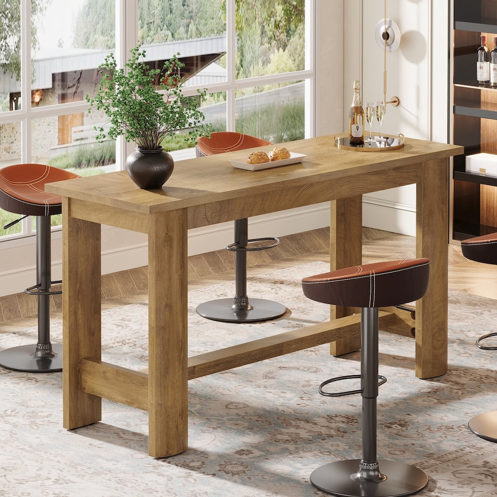 63 Inch Long Bar Table, Rectangular Counter Height Pub Dining Table with Footrest - 19.69" D x 63" W x 35.43" H