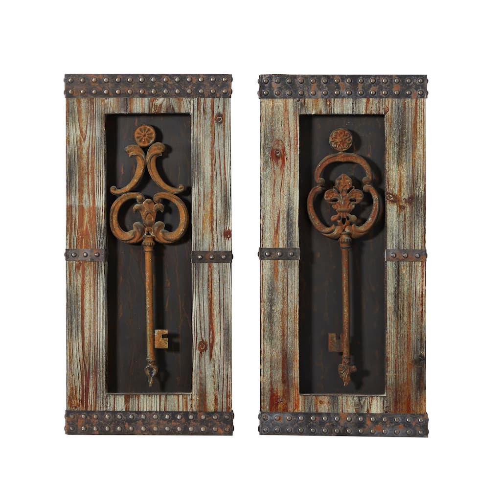 Wood Keys 3D Skeleton Wall Decor with Studs - Set of 2 Brown - Roche River Decor