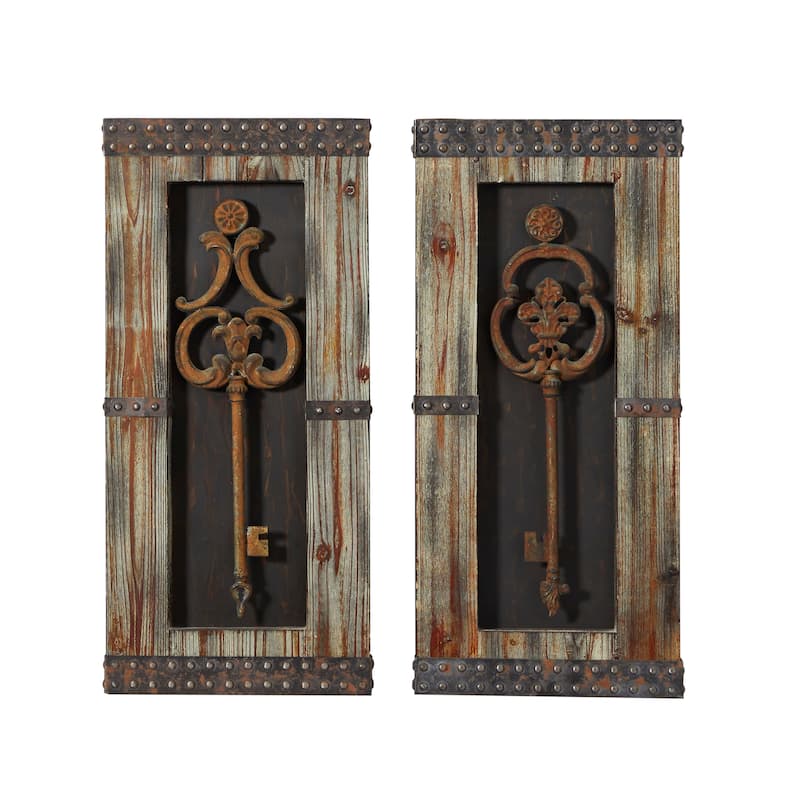 Wood Keys 3D Skeleton Wall Decor with Studs - Set of 2 Brown - Roche River Decor
