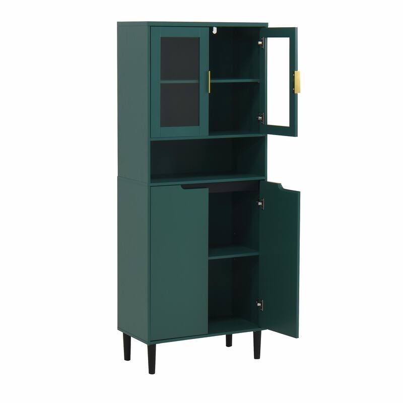 Tall Kitchen Pantry Cabinet with 2 Glass Display Doors & 2 Solid Doors