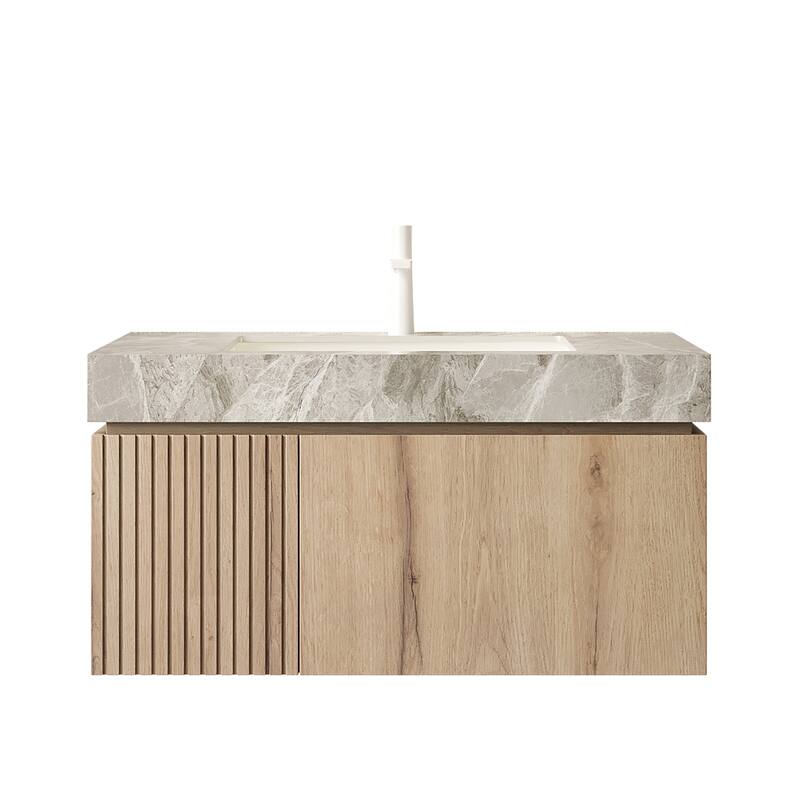 30"/36"/48" Wall-Mounted Bathroom Vanity with Ceramic Sink, Sintered Stone Countertop Floating Bathroom Storage Cabinet