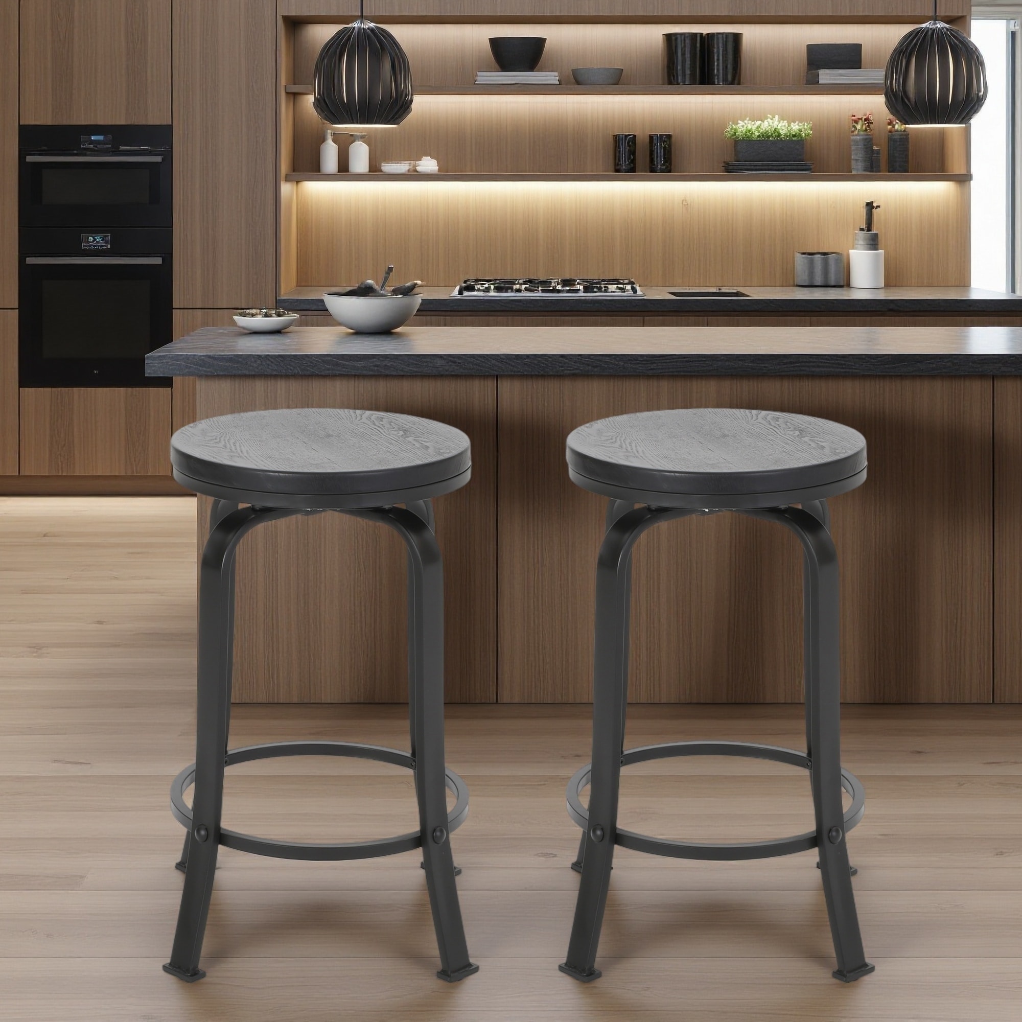 24.3"H Set of 2 Wood Swivel Counter Stools with Iron Base & Footrest