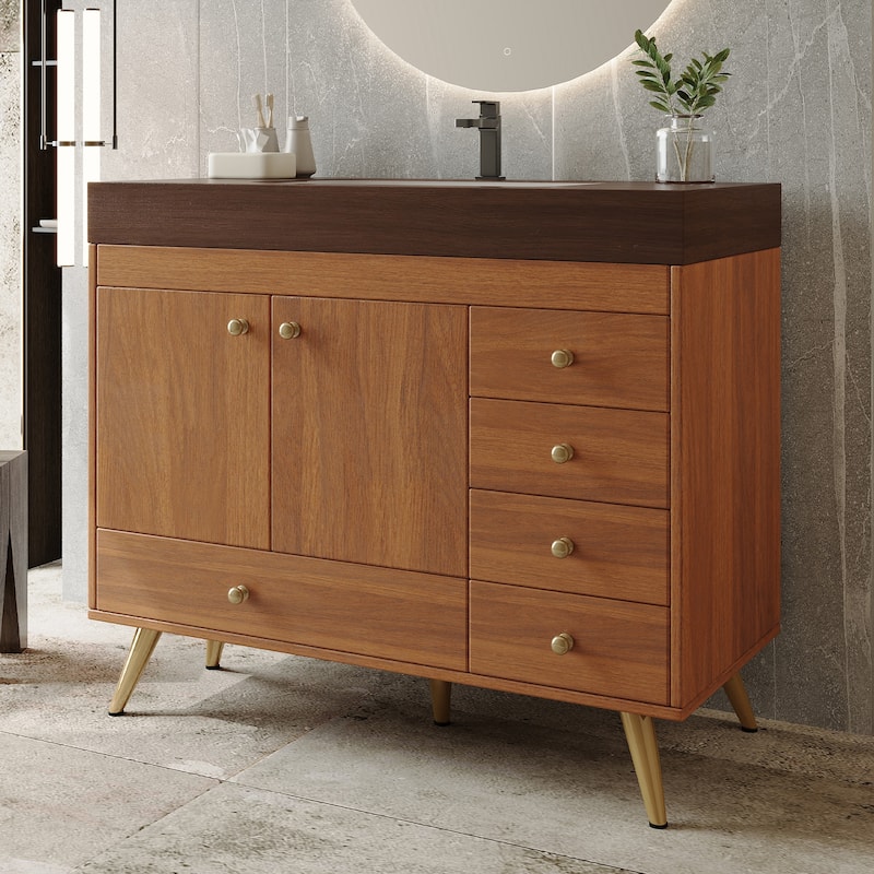 36" Bathroom Vanity with Faux Marble Top & Ceramic Sink, 5-Drawer Storage Cabinet with Stainless Steel Legs