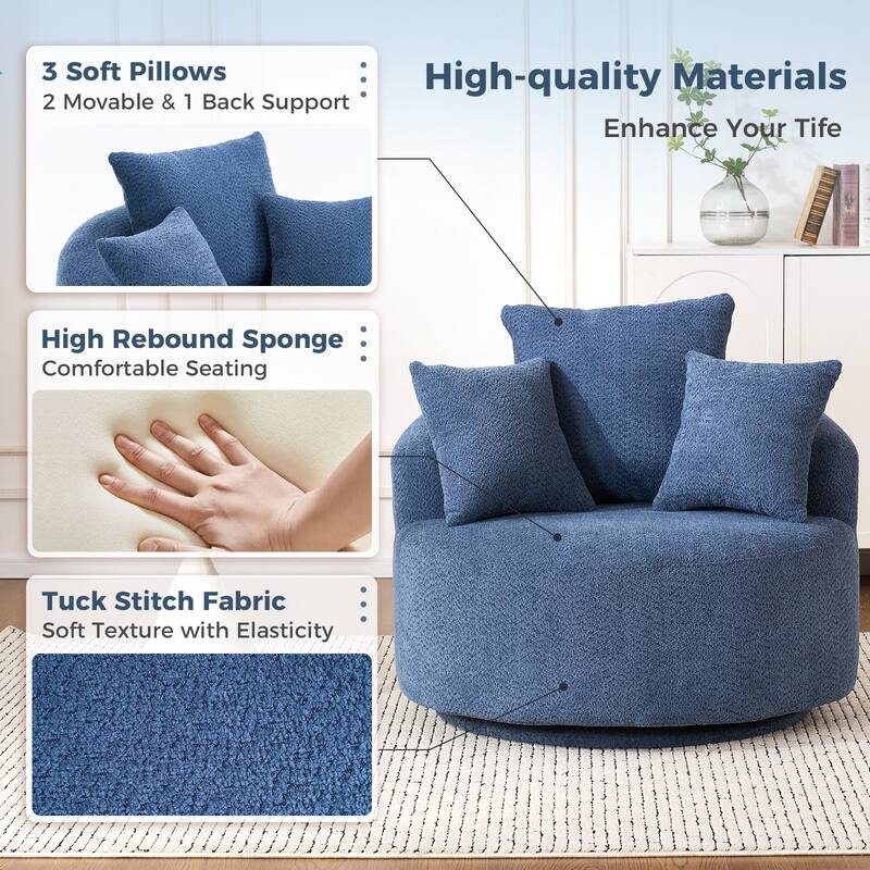 Oversized Swivel Round Barrel Chair, Ergonomic Single Sofa Chair, Upholstered Accent Chair with 3 Removable Pillows