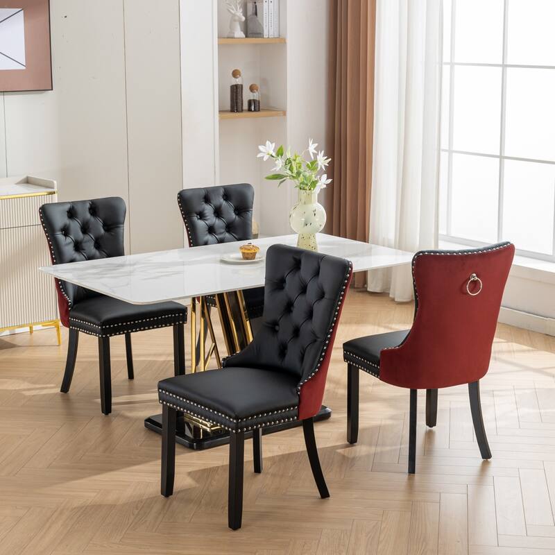Set of 2 PU and Velvet Upholstered Dining Chairs with Nailhead Trim and Wooden Legs