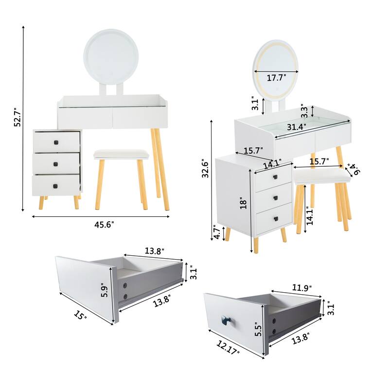 Dressing Table with LED Lights and Drawers, Makeup Stool with Extendable Side Table, Dressing Table with Mirror and Stool