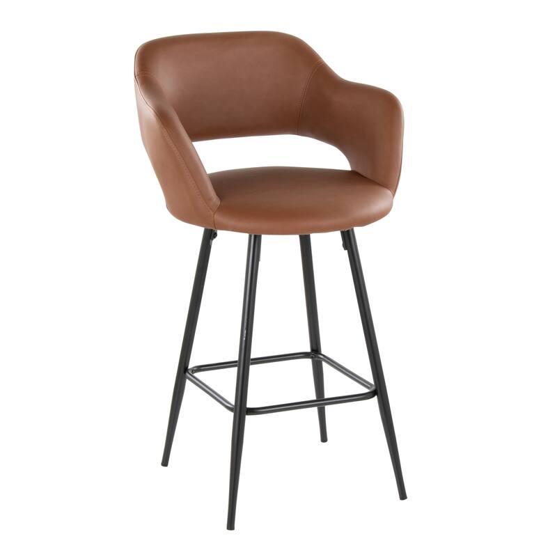 Porch & Den Vallen 26" Fixed-Height Faux Leather Counter Stool with Metal Legs & Square Footrest (Set of 2) - Brown Faux Leather/Black Metal