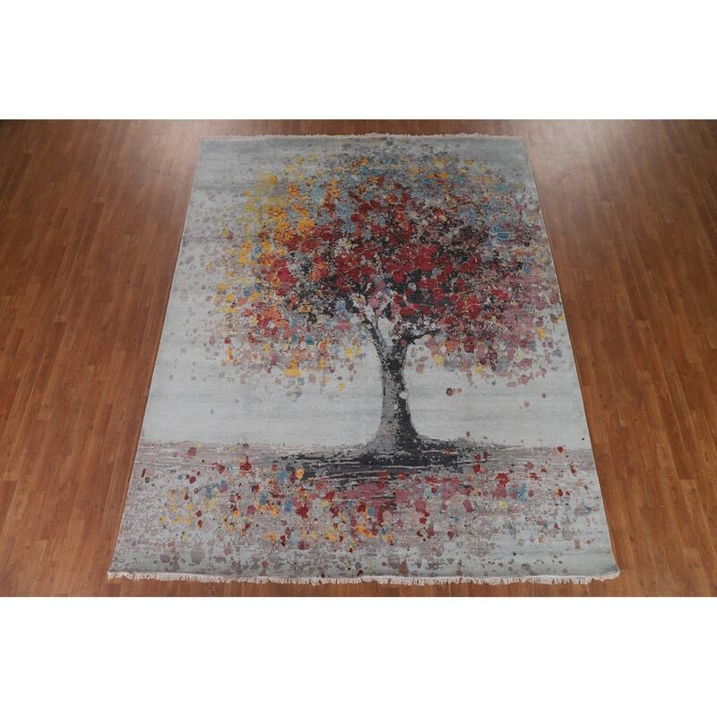 Hand Knotted Oriental 100% Silk Carpet Modern Floral Greys & Charcoal Abstract Area Rug - 10' 3'' X 8' 0''