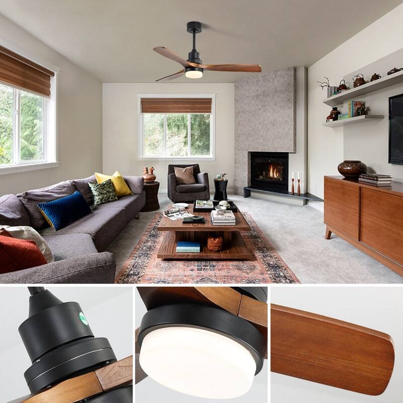52"/60"/48" Noiseless Walnut Wood Ceiling Fan with Remote Control, Integrated Light Optional