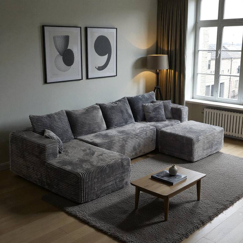 133.86" Cloud Modular U-Shaped Sectional Sofa with Ottoman, Deep-Seat Corded Fabric Couch for Living Room, No Assembly - Grey