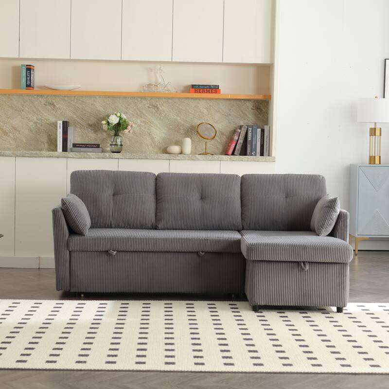 Corduroy/Chenille Upholstered L-Shaped Storage Reversible Chaise Sectional Sofa with Side Pocket