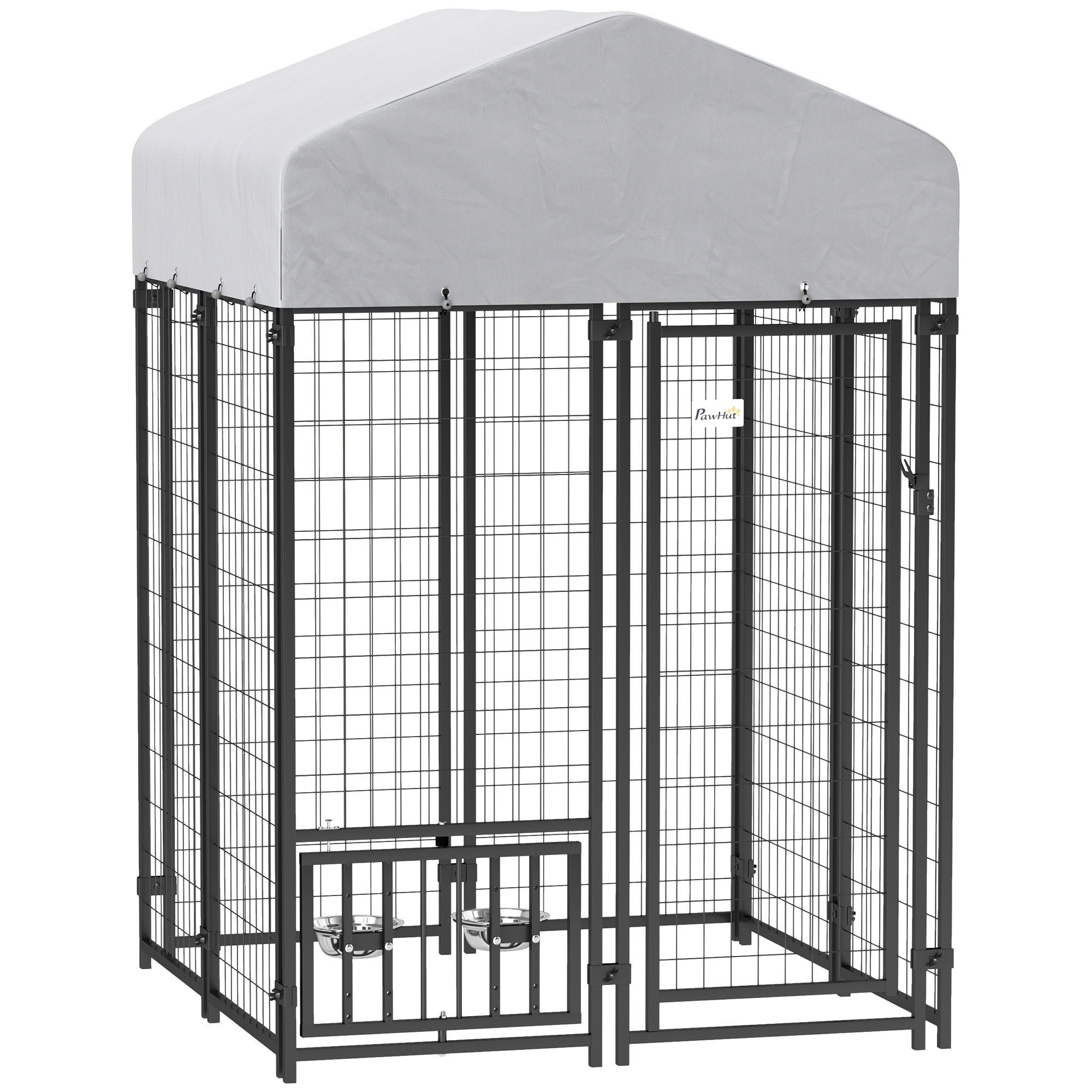 PawHut Outdoor Dog Kennel, Dog Run Welded Wire Heavy Duty with Rotatable & Height Adjustable Bowls, Dog Kennel Outside