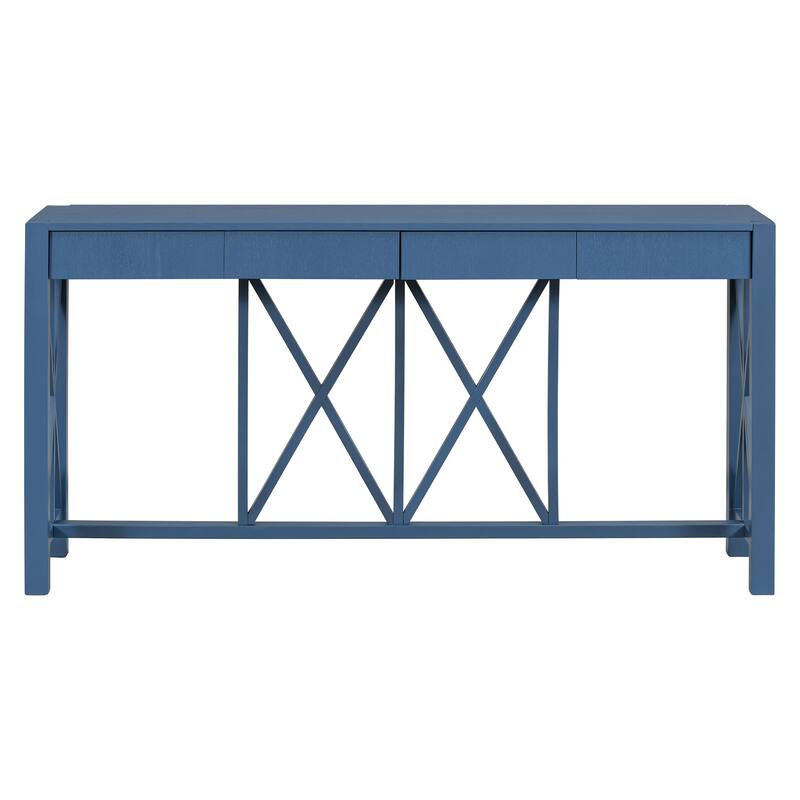 Acacia Veneer Console Table Entryway Table with 4 Drawers and X-Leg, Farmhouse Sofa Table with Open Bottom Storage