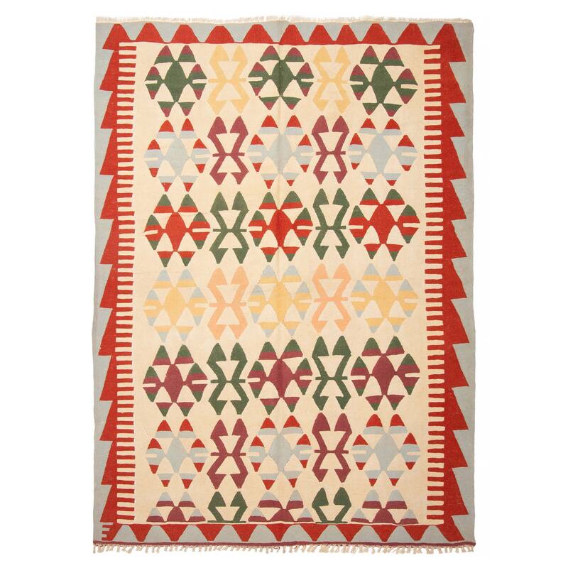 ECARPETGALLERY Flat-Weave Sivas Cream Wool Kilim - 6'4 x 8'9 - Cream - 6'4 x 8'9