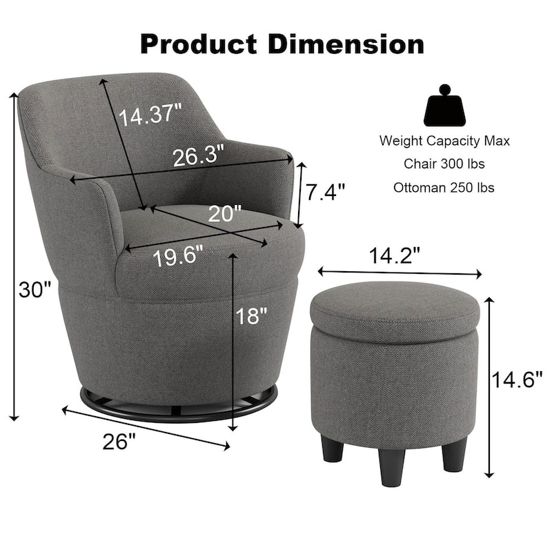 Swivel Accent Chair with Storage Ottoman, Modern Lounge Sofa Chair Barrel Chair Arm Chair with Nail Trim