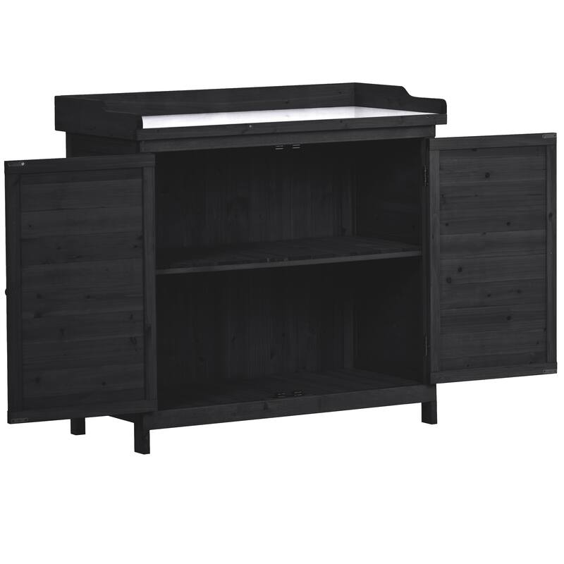 39" Potting Bench Table, Rustic Wood Workstation Storage Cabinet Garden Shed with 2-Tier Shelves and Side Hook