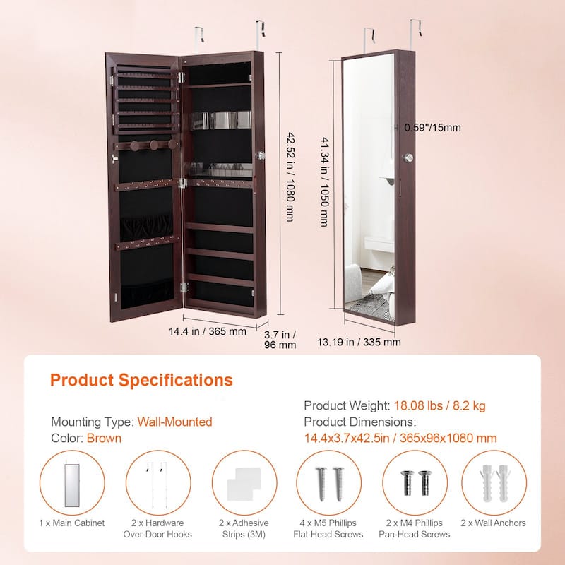 Wall Mounted Jewelry Cabinet with Full-Length Mirror and Lock