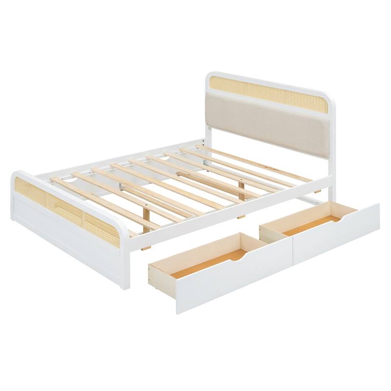 Rattan Platform Bed Queen Wooden Bed Frame with Twin Trundle and 2 Drawers, Headboard with Padded Cushion Mattress Not Included