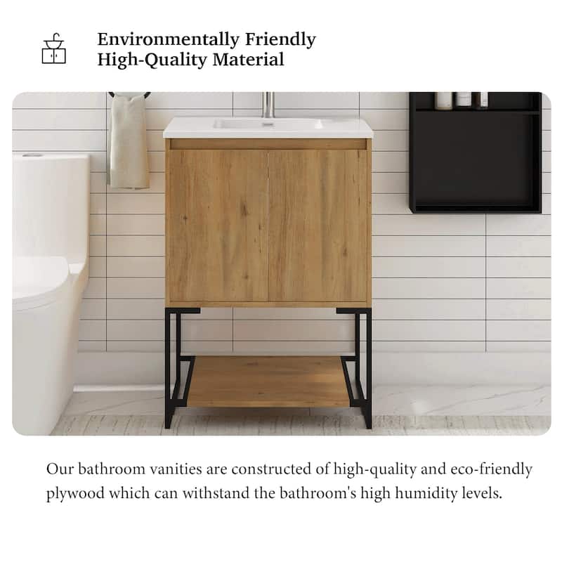 Freestanding Bathroom Vanity Set in Oak with Integrated Solid Surface Sink
