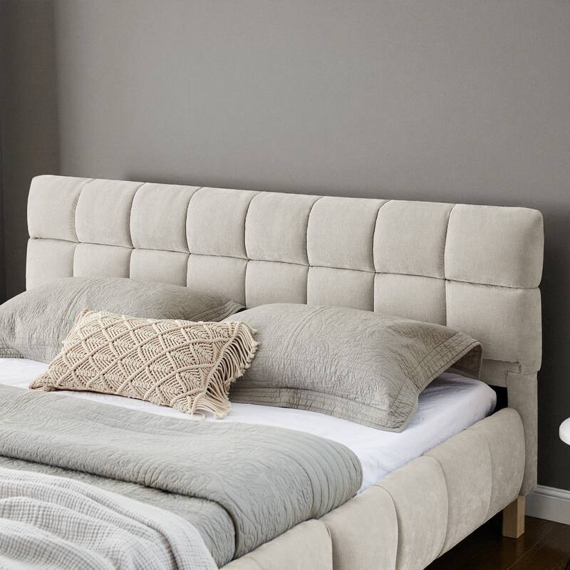 Queen Upholstered Platform Bed with Chenille Fabric, Soft Headboard & Underbed Storage Drawer, Solid Bed Frame
