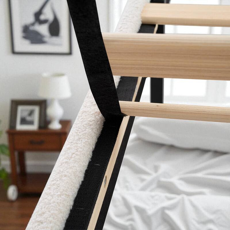 Twin/Queen/King Platform Bed, 49.21 in Upholstered Headboard, Teddy Velvet, 12-Slat Support, Solid Wood Legs, White