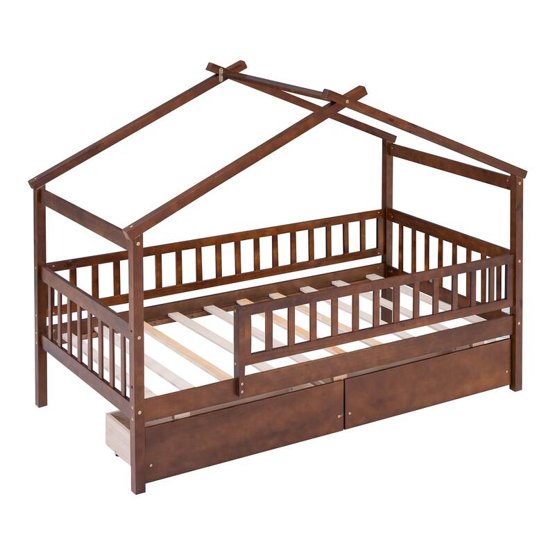 Twin Size Wooden House Bed with Two Drawers, Walnut Finish
