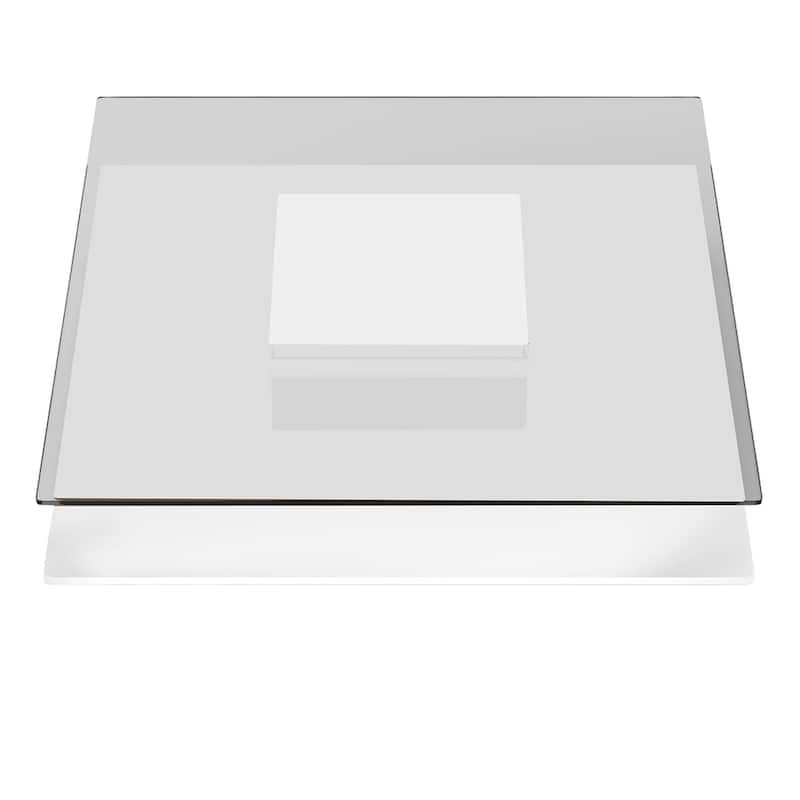 Cid Cobi Coffee Table, 39 Inch Square Clear Glass Top, White Veneer Base