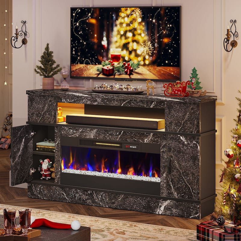 Bestier 63 in. White Marble Freestanding Electric Fireplace TV Stand Fits TV Up to 70 in. Entertainment Center with Cabinet
