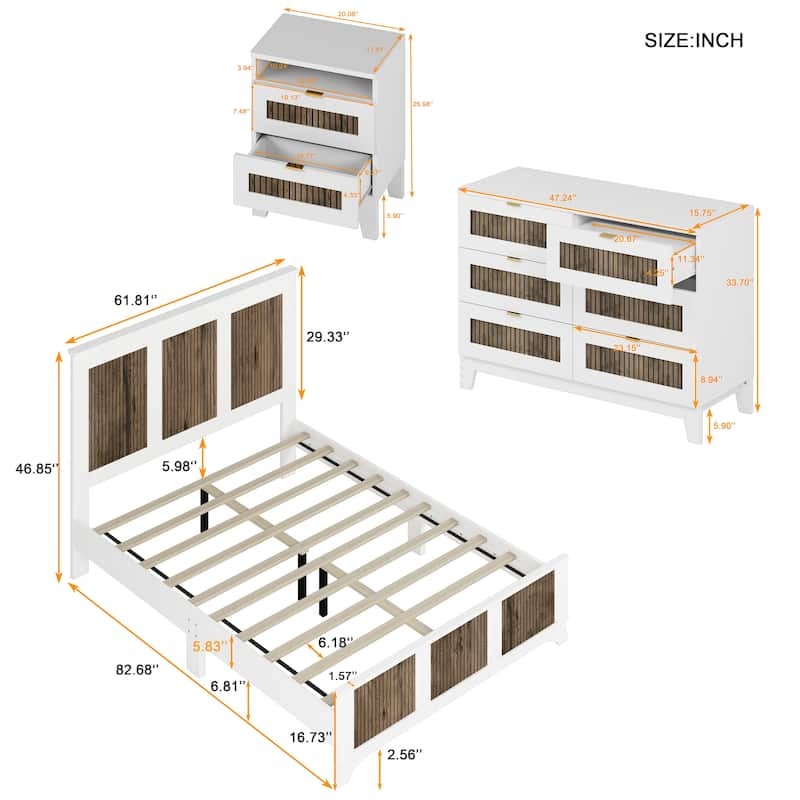 4 Piece Bedroom Set, Queen Size Platform Bed with Storage Nightstand and Dresser