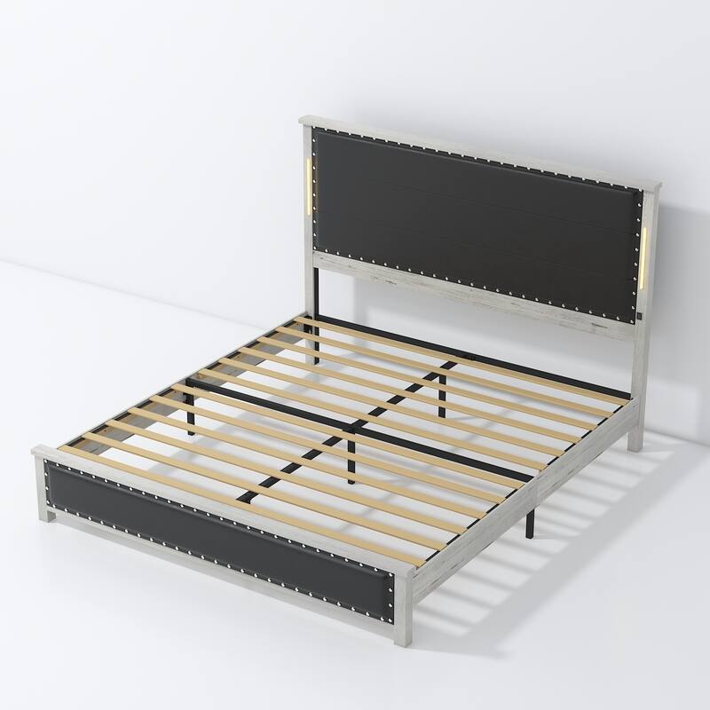 King Size bed Frame with Upholstered Headboard, King bed Frame with Charging Station and LED Lights, Wood Slats