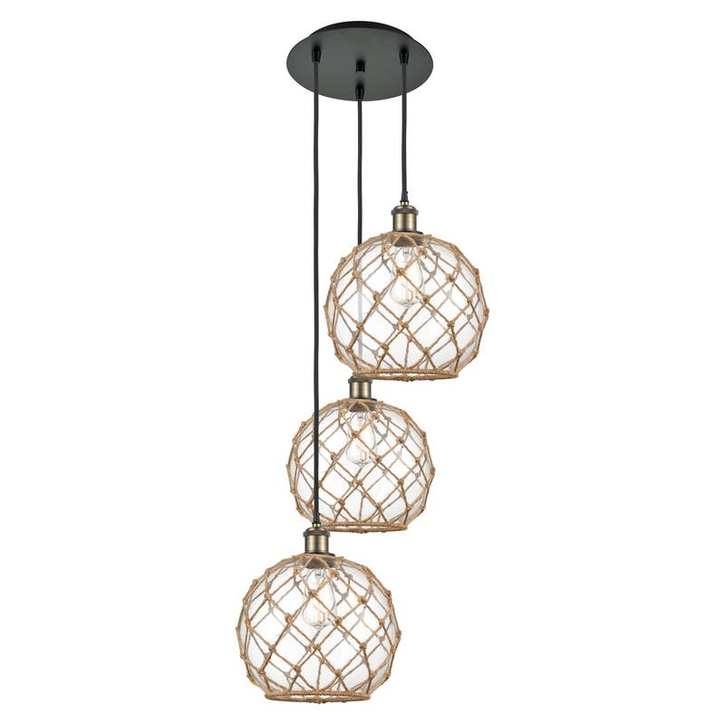 Innovations Lighting Endless Possibilities Ballston - Farmhouse Rope - 3 Light 17" Cord Hung Multi Pendant - Clear Glass with Brown Rope/Black Antique Brass