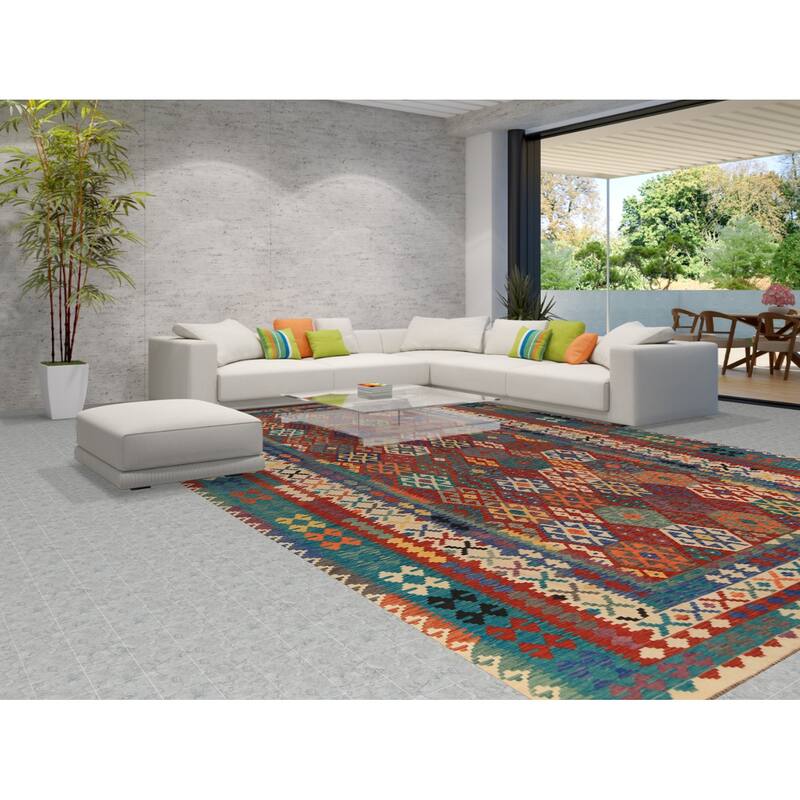 All-Over Geometric Kilim Oriental Large Rug Hand-Woven Wool Carpet - 10'6"x 16'3"