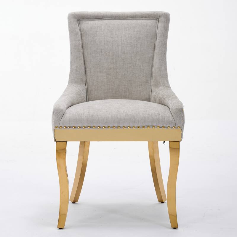 Chenille Dining Chairs, with Curved Gold - Plated Legs & Rivet Trim, Accent Seating with Textured Fabric, Set of 2