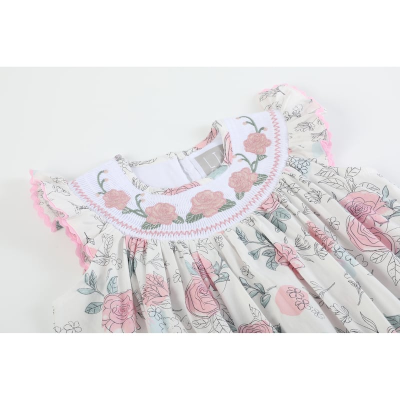 Lil Cactus White and Pink Floral Smocked Bishop Dress