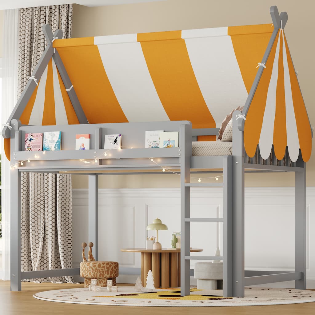 Full/Twin Size Loft Bed with Canopy, LED Lights & Bookshelf, Elevated Bed with Storage