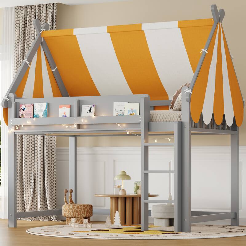Roomfitters Twin/Full Size Loft Bed with Canopy, LED Lights and Book Shelf - Gray - Full