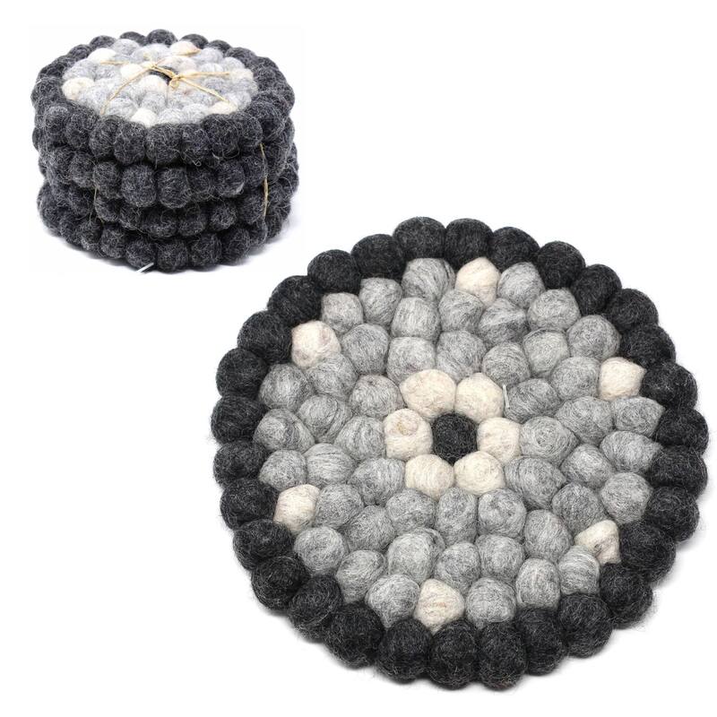 Handcrafted Felt Trivet & Coaster Set, Rose Quartz - Black/Grey Flower