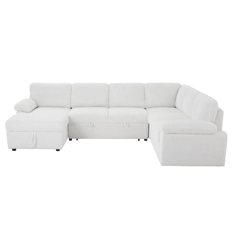 Oversized Modular Storage Corduroy Sectional Sofa Couch, White, Convertible Sleeper Sofabed - Multi-Color