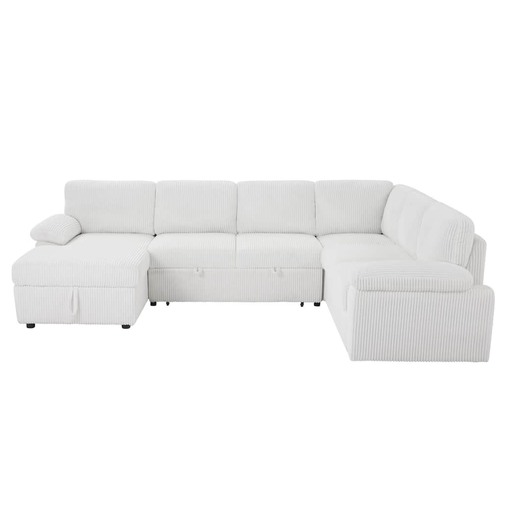 White 118.09'' Versatile Modular 6 Seater Sectional Sofa with Chaise, Pull-Out Bed, and Storage, Upholstered Deep Seat Couch