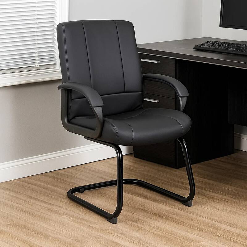 Ruia Mid Back Guest Armchair, Black Soft Vinyl, Cantilever Base