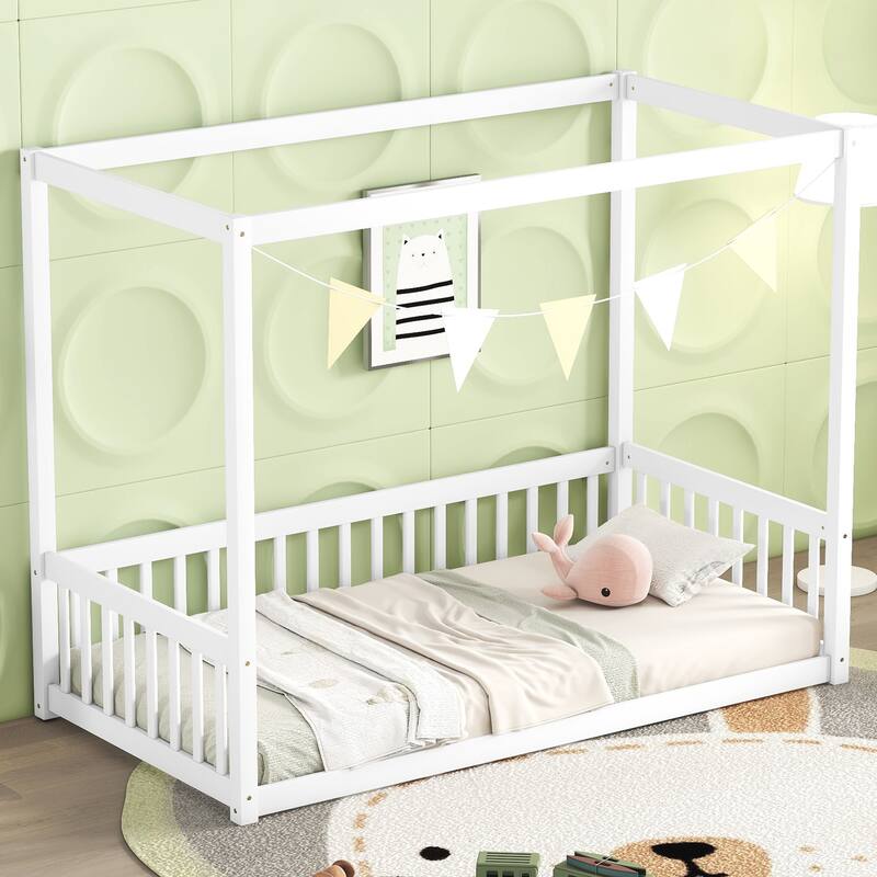 Twin Size Canopy Frame Floor Bed with Fence and Guardrails in White