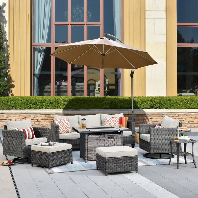 OVIOS 7-piece Wicker Sectional Sofa Swivel Rocking Chair Set With Fire Pit - Beige