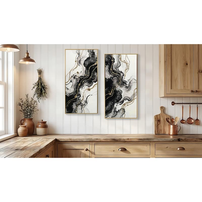Large Framed Abstract Wall Art, Set of 2 Minimalist Canvas Prints Paintings Artwork for Walls Hallway Office - White+Black