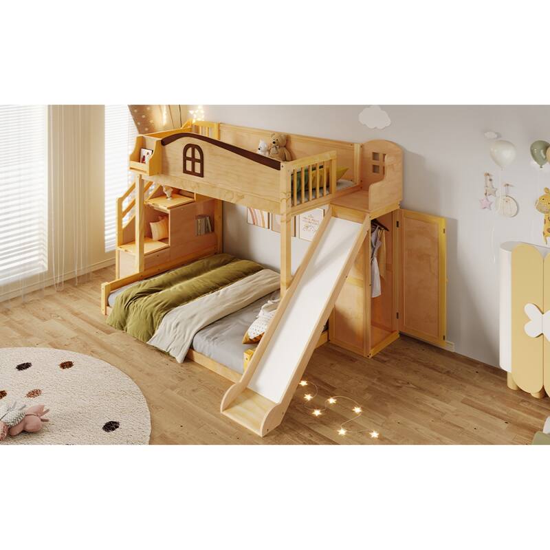 Roomfitters Twin Over Full Bunk Bed with Slide, Wardrobe and Storage Staircase