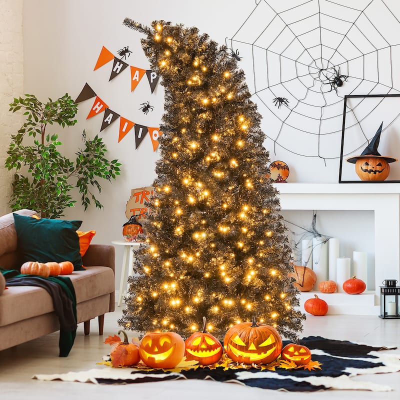 Gymax 6/7 FT Artificial Halloween Tree Pre-Lit Black Christmas Tree w/