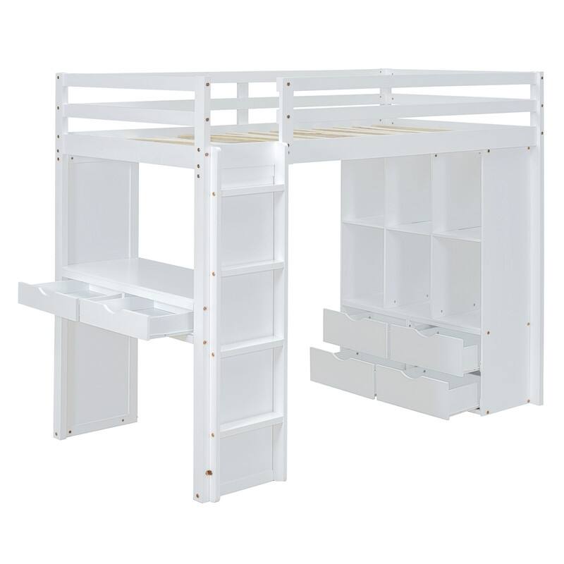 Full Size Solid Wood Loft Bed with Desk,Shelves,and LED Light