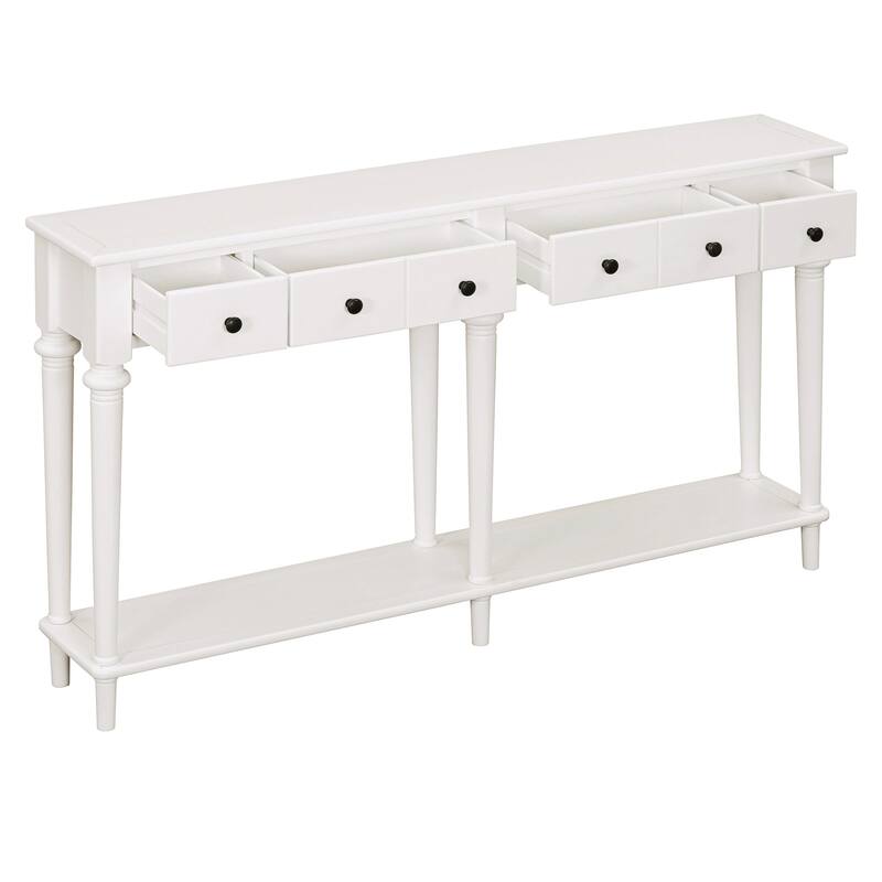 Versatile Hallway Table Side Table with 4 Storage Drawers, Accent Table White Sofa Table with Bottom Open Shelf