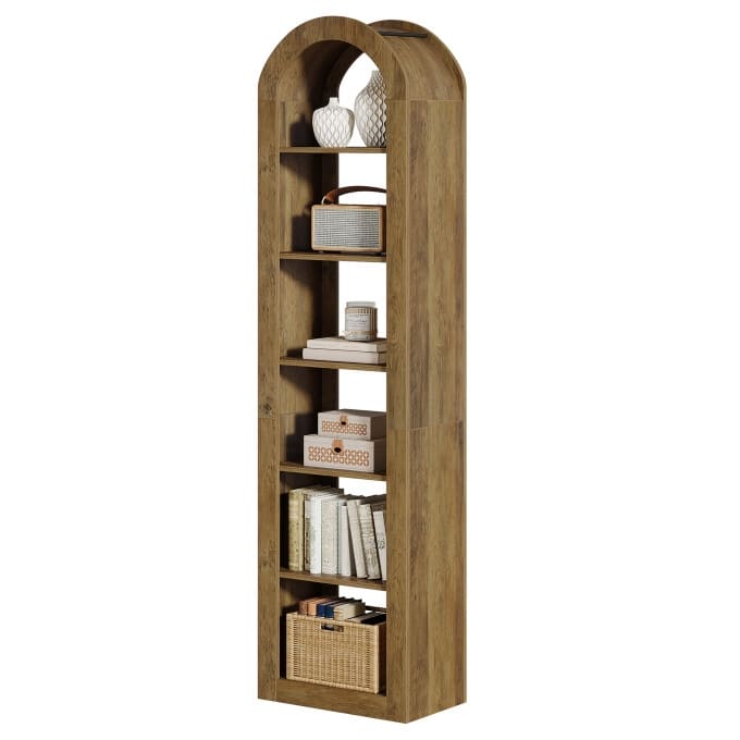 74.8-Inch Arched Tall Bookshelf, 6-Tier Rustic Wooden Bookcase