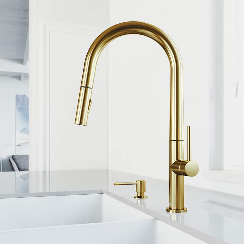 VIGO Greenwich Pull-Down Spray Kitchen Faucet - Faucet With Bolton Soap Dispenser - Matte Gold